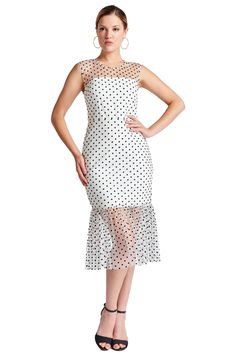 Model wearing white mesh with black polka dots sleeveless midi dress with sheer ruffle hem and round neckline. Summer Evening Party, Muse Dress, Bold Lip, Black Polka Dot Dress, The Muse, White Dress Party, Cocktail Party Dress, White Mesh, Summer Evening