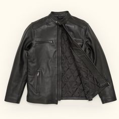 Thompson Leather Moto Jacket | Black hover Classic Leather Jacket With Zipper For Outdoor, Classic Leather Jacket With Zipper Closure For Outdoor, Moto Leather Outerwear With Double-needle Sleeve, Outdoor Leather Biker Jacket With Zipper Closure, Outdoor Leather Biker Jacket With Zipper, Leather Biker Jacket With Padded Collar For Outdoor, Moto Leather Outerwear For Outdoor, Black Leather Motorcycling Outerwear, Classic Winter Biker Jacket For Outdoor