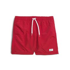 Red Stretch Swim Trunks For Summer, Red Nylon Swimwear For Spring, Relaxed Fit Solid Swim Trunks For Spring, Spring Solid Color Relaxed Fit Swim Trunks, Casual Nylon Swim Trunks In Solid Color, Casual Solid Nylon Swim Trunks, Casual Stretch Nylon Swimwear, Casual Stretch Swimwear In Recycled Polyester, Casual Stretch Swimwear Made From Recycled Polyester