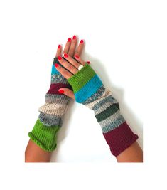 Limited edition means that the product is made in only one piece and can not be repeated. ♥ Material This unique wool arm warmers are handmade with 25% wool and the rest is acrylic.  During the cold winter these  colorful gloves will bring you joy. They are made in fashionable way so that you stand out from the crowd. ♥ Washing They should be washed in cold water.  ♥ Gift Perfect as gift as well for Christmas or birthday or any other occasion.  ♥ Shipping Processing of order is 1-3 working days. Multicolor Knitted Leg Warmers For Fall, Fitted Multicolor Leg Warmers For Winter, Multicolor Knitted Leg Warmers For Winter, Handmade One Size Leg Warmers For Winter, Green One Size Leg Warmers For Winter, One Size Green Leg Warmers For Winter, Maximalist Accessories, Colorful Gloves, Water Gift