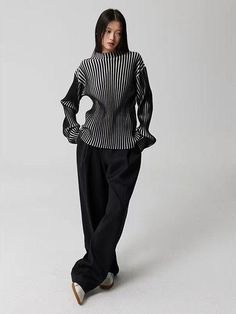 Black and White Contrast Turtleneck Knit Sweater – painevida Oversized Knitted Tops For Work, Striped Knit Sweater For Work, Chic Workwear Knit Sweater, Knitted Turtleneck Top For Office, Knitted Turtleneck Tops For Work, Striped Knit Turtleneck Top, Modern Textured Knit Tops For Winter, Modern Textured Knit Top For Winter, Modern Textured Knit Winter Tops