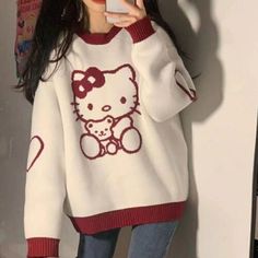 Premium Quality Cute Hello Kitty Sweet Embroidered Ladies Tops Cute Warm Sweater Loose Pullover, Womens Sweaters Hello Kitty Outfit, Kitty Clothes, Hello Kitty Clothes, Fluffy Sweater, Trendy Sweaters, Casual Tops For Women, Loose Sweater, Really Cute Outfits, Kawaii Clothes