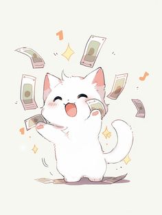 a white cat is throwing money into the air