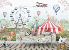 a child's bedroom with circus themed wallpaper