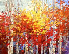 an oil painting of trees with red and yellow leaves