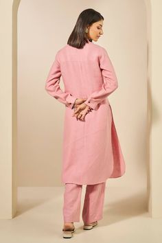 Pink kurta featuring placement thread embroidery with cuff sleeves. Paired with a pant. - Aza Fashions Pink Kurta, Anita Dongre, Pant For Women, Straight Kurta, Kurta With Pants, Thread Embroidery, Co Ord Set, Pants Pattern, Pink Shirt