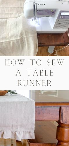 a sewing machine sitting on top of a wooden table next to a white linen covered bed