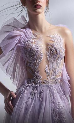 Dainty Embroidery, Embroidery Tulle, Mnm Couture, Couture Looks, Tulle Evening Dress, Unique Prom Dresses, Illusion Neckline, فستان سهرة, Asymmetrical Neckline