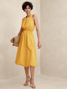 Bubble-Hem Taffeta Midi Dress | Banana Republic Factory Chic Sleeveless Halter Dress With Gathered Neckline, Sleeveless Dress With Gathered Neckline For Brunch, Sleeveless Midi Dress With Ruched Back, Sleeveless Summer Midi Dress With Ruched Back, Sleeveless Midi Dress With Ruched Back For Summer, Chic Sleeveless Summer Dress With Ruched Back, Chic Sleeveless Dress With Ruched Back For Summer, Sleeveless Halter Dress With Smocked Back For Brunch, Casual Sleeveless Midi Dress With Ruched Back