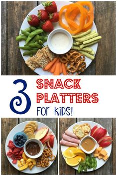 three pictures with the words snack platters for kids on them and different types of snacks