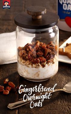 a glass jar filled with granola and overnight oats