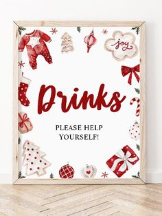 a wooden sign that says drinks please help yourself with christmas decorations and bows on it