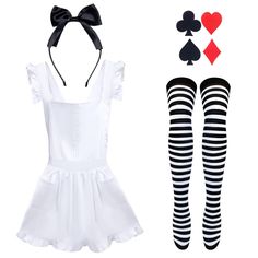 PRICES MAY VARY. Package Includes-This accessories set comes with a piece of white apron,a piece of black bow headband,a pair of long socks and 4 pieces of iron on patches,nice combination goes well with girl’s dress. Retro Maid Apron-Made of polyester cotton,features pretty style edge fluting,with two pockets in the front and adjustable long sliding cross back straps that allows provide a better fit and extra length can be tied into a bow.The back of these embroidered patches have glue,are avai Maid Apron, Girls Halloween Dress, Pretend Play Costumes, Alice Costume, Black And White Socks, Up Costume, Blue Headband, Retro Apron, White Apron