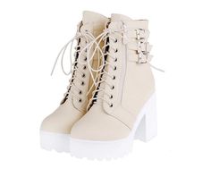 Department Name:Adult Item Type:Boots Pattern Type:Solid Boot Type:Motorcycle boots Season:Winter Model Number:5445454665 is_handmade:Yes Lining Material:Cotton Fabric Heel Height:High (5cm-8cm) Toe Shape:Round Toe Upper&Shaft Material:PU Closure Type:Lace-Up Boot Height:Mid-Calf Heel Type:Square heel Fashion Element:Rivet Platform Height:3-5cm Insole Material:Rubber With Platforms:Yes Outsole Material:Rubber Beige High Ankle Martin Boots For Winter, Beige High-ankle Martin Boots For Winter, Fall White High Ankle Combat Boots, White High-top Mid-calf Boots For Fall, Beige High Ankle Martin Boots For Fall, Beige High Ankle Boots For Fall, Beige High-top Martin Boots For Winter, White High Heel Lace-up Boots For Winter, Cream Ankle-high Lace-up Boots For Winter