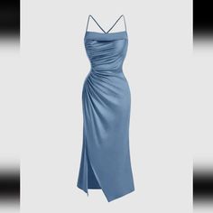 Brand New, Never Worn It Was Small On Me. Its Wrinkle Cause I Just Stored It. Shein Satin Dress, Vestidos Shein, Vestido Shein, Dusty Blue Dress, Blue Silk Dress, Classy Prom Dresses, Marine Uniform, Iconic Dresses, Shein Dress