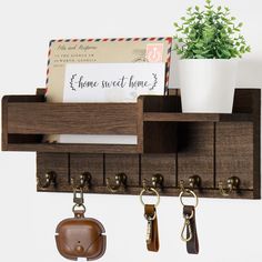 a wooden shelf with key hooks and keys hanging from it's sides next to a potted plant