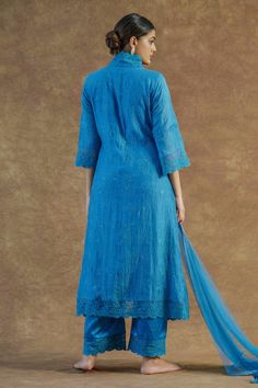 Teal blue kurta with lace embroidery. Comes with palazzo and a dupatta. - Aza Fashions Blue Straight Kurta Set With Intricate Embroidery, Blue Lace Work Kurta For Wedding, Traditional Blue Cotton Wear With Sheer Dupatta, Blue Traditional Wear With Sheer Dupatta In Cotton, Blue Anarkali Dupatta With Lace Work, Blue Cotton Salwar Kameez With Intricate Embroidery, Traditional Blue Dupatta With Lace Work, Blue Cotton Sets With Intricate Embroidery, Blue Traditional Dress With Lace Work