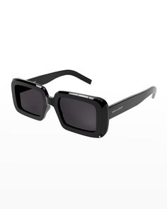 Saint Laurent "Sunrise" rectangle sunglasses in acetate Lens/bridge/temple (in mm): 52-21-145 Solid-color lenses Logo print on temples Wide, tapered arms 100% UVA/UVB protection Made in Italy | Saint Laurent Sunrise Thick Rectangle Acetate Sunglasses Saint Laurent Sunglasses, Lens Logo, Black Rectangle, Anthony Vaccarello, Acetate Sunglasses, Color Lenses, Rectangle Sunglasses, Sunglasses Online, Mens Spring