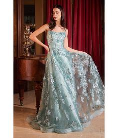 Cinderella Divine Sage Flower Sparkle Prom Gown - Unique Vintage - Womens, DRESSES, PROM AND SPECIAL OCCASION Cinderella Aesthetic Prom Dress, Retro Elegant Dress, Constellation Prom Dress, Recital Dress Voice, 50s Style Prom Dress, Mid Summer Nights Dream Dress, Aquarium Prom Dress, Winter Themed Dresses, Whimsical Dress Prom