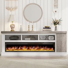 an electric fireplace in a living room with white walls