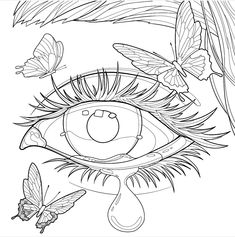 an eye with butterflies flying around it, and the image is outlined in black and white