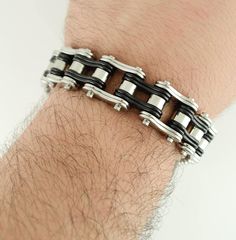 "Item Specifics: #SK1250 3/4\" Wide Two Tone Silver Black Double Link Design Unisex Stainless Steel Motorcycle Chain Bracelet Highest Quality 316L Stainless Steel Jewelry All of our stainless steel jewelry is 316L which is one of the highest grades of stainless steel (the L meaning low carbon). Our 316L stainless steel is the same stainless steel used in surgical medical equipment and is guaranteed never to rust, change color or tarnish. Stainless steel is the most hypoallergenic element known t Motorcycle Chain Bracelet, Bike Chain Bracelet, Motorcycle Chain, Bracelets Design, Link Design, Bike Chain, Silver Chain Bracelet, Skull Ring, Photo Bracelet