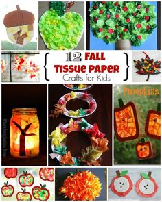 twelve fall tissue paper crafts for kids to make with leaves, pumpkins and other things