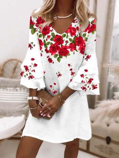 Women's Floral Print Mid-Sleeve Casual Dress White Long Sleeve Mini Dress For Summer, Fall Floral Print Dresses With 3/4 Sleeve, Spring Knee-length Mini Dress With Sleeves, Casual Half Sleeve Spring Dresses, Spring Mini Dress With Sleeves, Casual Shift Dress With 3/4 Sleeves, Spring Vacation Long Sleeve Dress, Casual 3/4 Sleeve Dresses, White V-neck Long Sleeve Dress For Fall