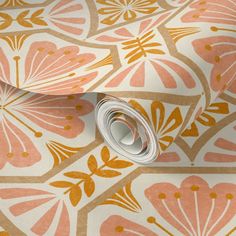 an orange and pink wallpaper with floral designs on the side, in front of a white background