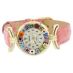 This elegant Murano Glass watch is a unique timepiece featuring high-quality workmanship and Murano's most famous glass-making technique called Millefiori. Exquisite mosaic flowers in rich summer colors adorn the handcrafted face of this watch for a stylish Venetian look that will leave everyone impressed. The beautiful and unique Murano watch adds a fine Venetian accent to any outfit and works equally well for your casual day or a dress-up evening. Measurements: The face of this Murano glass wa Funky Watches, Rich Summer, Aesthetic Items, Nice Gifts, Glass Making, Watch Jewelry, Pink Watch, Mosaic Flowers, Hand Watch