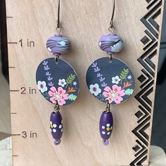 Bohemian Hand Painted Purple Earrings, Purple Hand Painted Bohemian Earrings, Unique Purple Polymer Clay Earrings, Whimsical Handmade Purple Earrings, Handmade Purple Whimsical Flower Earrings, Purple Handmade Whimsical Flower Earrings, Unique Hand Painted Purple Earrings, Artsy Purple Drop Earrings, Handmade Purple Flower Earrings Whimsical Style