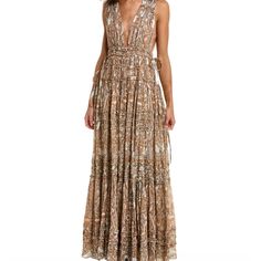 Brand New Ulla Johnson Fiona Gown, Multicolour But Is More Beige/Nude With Beautiful Blue And Gold Designs In The Fabric. Worn Once For A Wedding. Ulla Johnson Dress, Gold Designs, Chiffon Gown, Blue And Gold, Ulla Johnson, Gold Design, Beautiful Blue, A Wedding, Chiffon