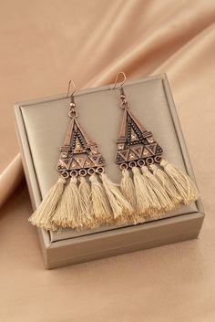 The802Gypsy  Women's jewelry Brown / ONE SIZE / Alloy TRAVELING GYPSY-Brown Boho Triangle Metal Tasseled Earrings Earthy Chic, Jewelry Knowledge, Metal Pendants, Boho Earring, Chic Vibes, Bohemian Colors, Tassel Drop Earrings, Estilo Chic, Triangle Design