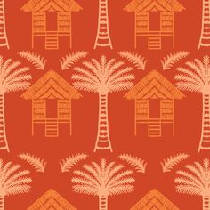 an orange and white pattern with palm trees, houses, and ladders on it