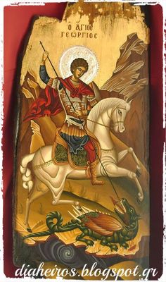 an icon depicting st george the great on horseback