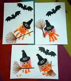 three halloween cards with pictures of witches and bats on them, one has a witch's hat