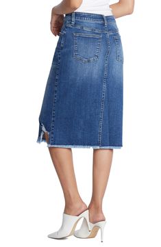 Soft denim with a hint of stretch is crafted into this versatile midi-length skirt finished with a feathery fringed hem. 96% cotton, 3% polyester, 1% spandex Machine wash, tumble dry Imported Straight Leg Skirt With Frayed Hem For Fall, Chic Mid-rise Skirt With Frayed Hem, Medium Wash Relaxed Skirt With Frayed Hem, Fall Medium Wash Skirt With Frayed Hem, Cotton Pencil Skirt With Frayed Hem, Mid-rise Relaxed Denim Skirt With Frayed Hem, Dark Wash Knee-length Bottoms With Frayed Hem, Mid-rise Cotton Skirt With Frayed Hem, Denim Pencil Skirt With Frayed Hem