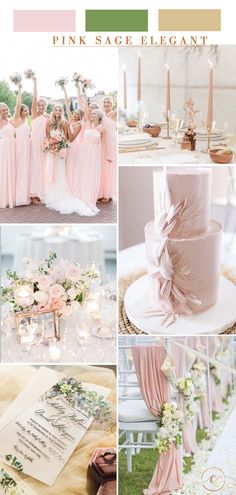 a collage of photos with pink and white wedding colors in the same color scheme