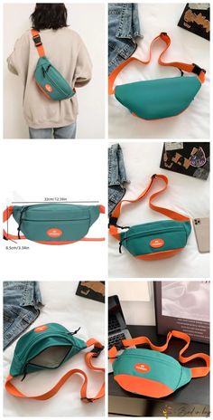 several pictures of different types of purses and bags with orange straps on the bottom