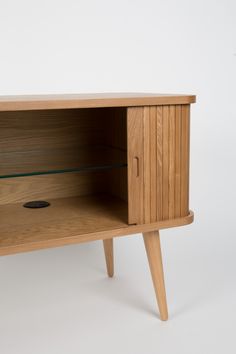 a wooden cabinet with glass shelves and legs