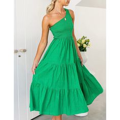 Green One-shoulder Swing Holiday Casual Dress One Shoulder Maxi Dress For A Day Out, Spring Solid Color Off-shoulder Maxi Dress, Green One Shoulder Midi Dress For Spring, Green One-shoulder Dress For Brunch, Solid One-shoulder Beach Dress, One-shoulder Solid Color Beach Dress, Solid Color One-shoulder Beach Dress, Green Off-shoulder Midi Dress For Brunch, Casual One Shoulder Dress For Spring Day Out