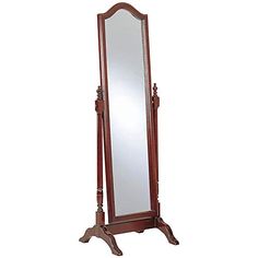 a tall wooden mirror on top of a stand