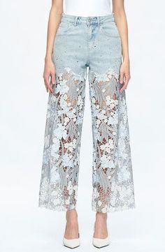 Bayeas High Waist Crystal Embellished Lace Leg Jeans | Nordstrom Chala Handbag, Lace Jeans, Bleached Jeans, All Jeans, Lace Splicing, Embellished Jeans, Guipure Lace, Denim And Lace, Curvy Dress