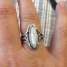 Silver Ring With Moonstone Style Gem. Very Versatile And Goes With Almost Everything. Dress It Up Or Wear With Cut Offs, A Tank Top, Some Cowgirl Boots And A Cowgirl Hat This Summer! Super Adorable! White Moonstone Ring For Promise, Vintage White Moonstone Promise Ring, White Moonstone Anniversary Ring, Southwest Jewelry, Cowgirl Hat, Cut Offs, 7 Rings, Cowgirl Hats, Ring Color