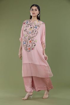 Peach, pink kaftan with silver zardozi, sequin, thread embroidery in floral pattern. Paired with pant. - Aza Fashions Pink Anarkali Palazzo Set For Summer, Pink Designer Wear Sets For Spring, Spring Wedding Pink Palazzo Set, Silk Salwar Kameez With Intricate Embroidery In Pink, Spring Anarkali Salwar Kameez With Mirror Work, Silk Kurta With Zari Work For Spring, Pink Silk Salwar Kameez With Intricate Embroidery, Spring Silk Kurta With Zari Work, Pink Silk Palazzo Set With Intricate Embroidery