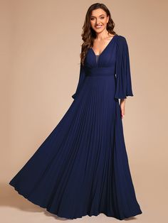 This custom size floor-length chiffon evening dress features a stunning deep V-neck design. The A-line silhouette is complemented by delicate ruffle sleeves, creating a timeless and sophisticated look perfect for any formal occasion. Length: Floor length. Sleeve Style: Long sleeves. Closure: It is concealed a zipper up the back. Undergarments: It is padded, with lining. Fabric:The garment comprises Chiffon. Stretch: Fabric is no stretch. Ruffles Sleeves, Chiffon Evening Dresses, Ever Pretty, Floor Length Dresses, Ruffle Sleeves, Navy Blue Dresses, Lining Fabric, Deep V Neck, Formal Occasion