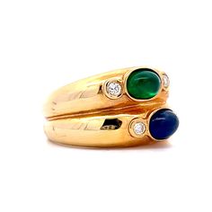 This stacked ring is a modern beauty! Crafted in 18 karat yellow gold, it features a stunning cabochon cut blue sapphire and emerald as its focal points. Each gemstone is accented by two round brilliant cut diamonds of impeccable quality. Perfect for everyday wear, this ring is sure to take your breath away! Sapphire And Emerald Ring, Emerald Cabochon Ring, Sapphire Emerald Ring, Focal Points, Cabochon Ring, Metal Shop, Shop Engagement Rings, Emerald Ring, Round Brilliant Cut Diamond