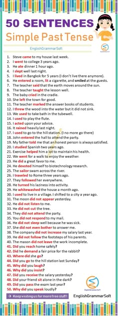 the 50 sentences for simple past tense