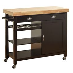 a kitchen island with butcher block top on casteors and wheels, in dark wood