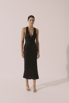 Camille Lace Cross Back Midi Dress | Black | Dresses | Shona Joy – Shona Joy International Sleeveless Formal Slip Dress With Lace Back, Chic Evening Slip Dress With Lace Trim, Elegant Party Slip Dress With Lace Back, Elegant Evening Slip Dress With Lace Back, Chic Lace Trim Backless Slip Dress, Chic Backless Slip Dress With Lace Trim, Backless Slip Dress With Lace Trim For Evening, Backless Slip Dress With Lace Trim For Date Night, Chic Party Slip Dress With Lace Back